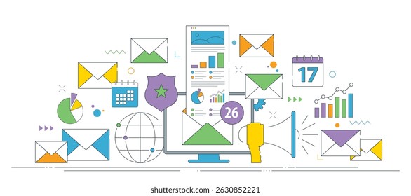 Email analytics communication data. Illustration of email communication with analytics charts, pie graphs, global network icon, secure shield and scheduling calendars. Thin line icons design.