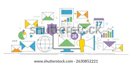 Email analytics communication data. Illustration of email communication with analytics charts, pie graphs, global network icon, secure shield and scheduling calendars. Thin line icons design.