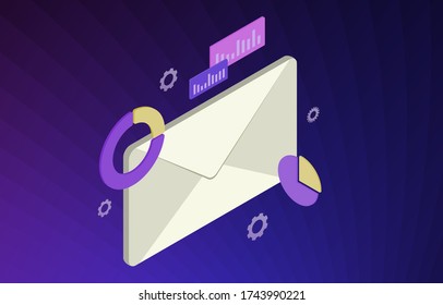 Email analytics and email marketing service concept vector illustration. Analysis with charts and graph of advertising, news, promotional materials by e-mail to subscribers with modern background