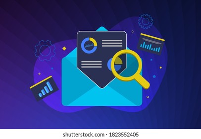 Email Analytics, Email Marketing vector illustration. Business e-mail marketing service concept. Analysis with charts and graph of advertising, news, promotional materials by mail to subscribers.