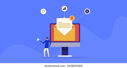 Email analytics software, Email data analysis, Newsletter marketing, Email response rate - vector illustration with character and icons