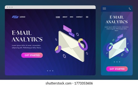 E-mail Analytics UI UX marketing web design template and GUI Mobile application. Business infographic and Mobile email interface with icons. Business data analysis. Futuristic technology illustration.