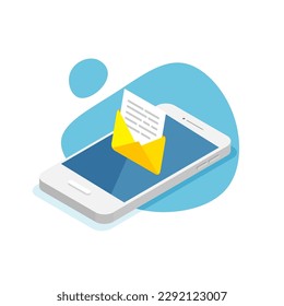 Email app isometric vector illustration. Mobile alert or mail notification. Message concept.