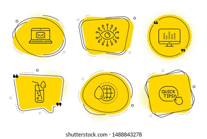 E-mail, Artificial intelligence and Quick tips signs. Chat bubbles. Water glass, World water and Music making line icons set. Soda drink, Aqua drop, Dj app. New message. Business set. Vector