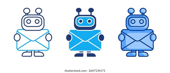 Icono de asistente de correo electrónico representado por un robot que sostiene el correo Azul, Dualline, estilo Dualtone.