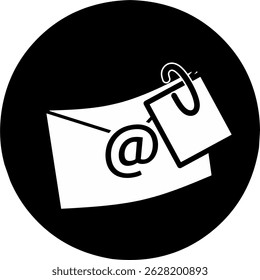 Email attachment file icon on black round background. Reaching online audience.