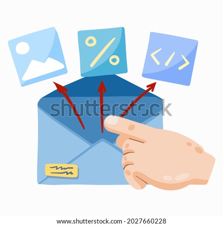 Email with attachment. Hand point to Attached file with image. Flat cartoon illustration isolated on white. Online Document Management. Index finger