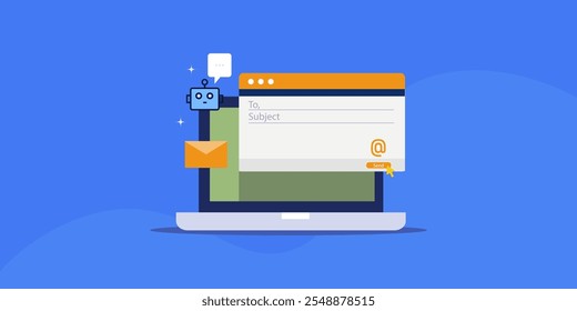 Automação de e-mail AI, Inteligência artificial escrevendo conteúdo de e-mail, AI gerado resposta de e-mail - ilustração vetorial com ícones