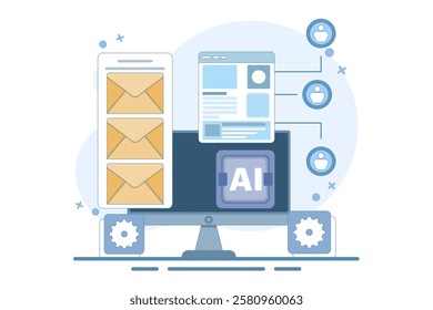 Email automation concept, AI based email campaign, Businesses use email automation to schedule and trigger customer messages to audiences. Flat vector illustration on background.