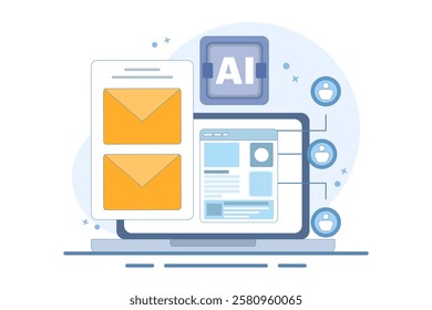 Email automation concept, AI based email campaign, Businesses use email automation to schedule and trigger customer messages to audiences. Flat vector illustration on background.