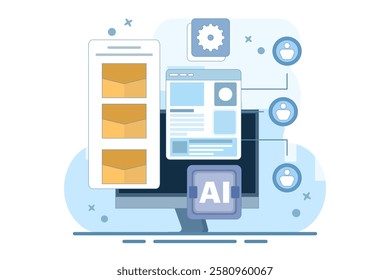 Email automation concept, AI based email campaign, Businesses use email automation to schedule and trigger customer messages to audiences. Flat vector illustration on background.