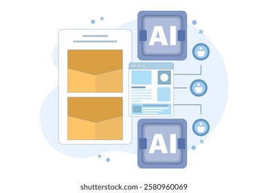 Email automation concept, AI based email campaign, Businesses use email automation to schedule and trigger customer messages to audiences. Flat vector illustration on background.