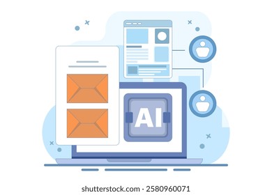 Email automation concept, AI based email campaign, Businesses use email automation to schedule and trigger customer messages to audiences. Flat vector illustration on background.
