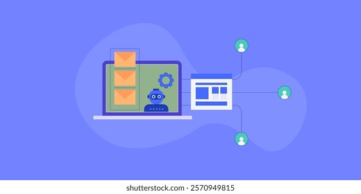 Email automation concept, Business using email automation to schedule and trigger customer messages for audience, AI driven email campaign - vector illustration concept with icons