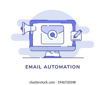 sobre concepto de automatización de correo electrónico en el monitor de escritorio alrededor del fondo aislado del altavoz con estilo de línea discontinua