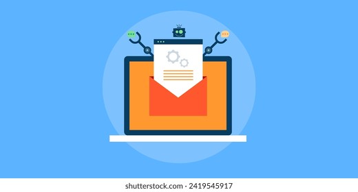 Email automation software, Marketing automation, Sending commercial messages to customers, email communication - vector illustration background with icons