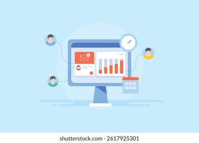 Software de automatización de correo electrónico, envío de correo electrónico automáticamente a la audiencia objetivo. Software que envía el email personalizado a los Clientes - fondo de la Ilustración vectorial con los iconos
