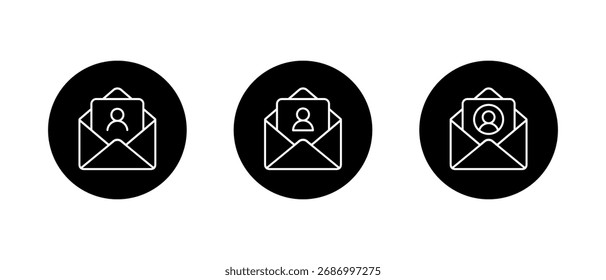 E-mail com o ícone de perfil do avatar. Abrir contorno de envelope com símbolo de conta de usuário em círculo preto