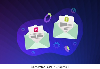 E-mail A B split testing illustration concept - Email split marketing idea with two promotional mails with a different web development UI interface. A-B comparison social media with positive feedback