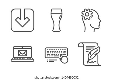 E-mail, Beer glass and Computer keyboard icons simple set. Engineering, Load document and Feather signs. New message, Brewery beverage. Business set. Line e-mail icon. Editable stroke. Vector