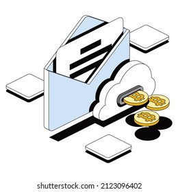 Email, bitcoin coins, cloud server. Vector 3d sketch line isometric style, color icon illustration. Creative design idea and infographics elements.