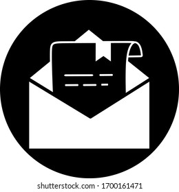 E-Mail in schwarzem Kreis Symbol. Piktogramm mit offener Hülle. E-Mail-Symbol, E-Mail-Nachrichten, E-Mail-Marketing-Kampagne für Website-Design, mobile Anwendung, i. Senden oder Empfangen von E-Mail-Arbeitsprozessen.