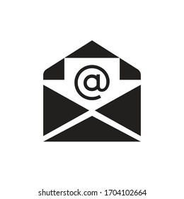 E-mail black icon on white background. Envelope with document concept sign. Message letter creative symbol. Vector illustration. 