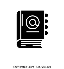 Icono negro del libro de correo electrónico, ilustración conceptual, símbolo plano vectorial, signo de glifo.