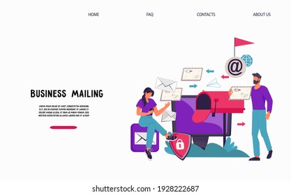 Email business service  website interface design with people next to mailbox receiving correspondence. Web mail or mobile post service electronic inbox, flat vector illustration.