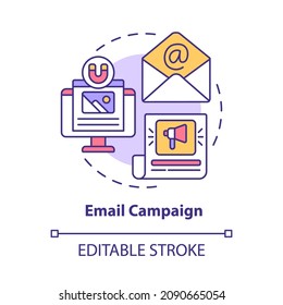 Icono de concepto de campaña de correo electrónico. Publicidad para pequeñas empresas. Comunicación en línea con clientes que comercializan ilustraciones abstractas de ideas en línea delgada. Dibujo de color de contorno aislado del vector. Trazo editable