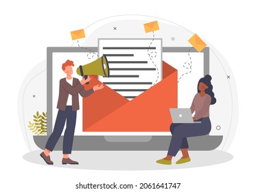 Email campaign concept. Man and girl forming mailing list. News, information, send message. Workflow, office, business, clients. Cartoon flat vector illustration isolated on white background