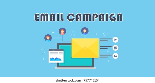 Email Campaign, Marketing, Newsletter Advertising, Drip Campaign Flat Vector Illustration With Icons And Elements