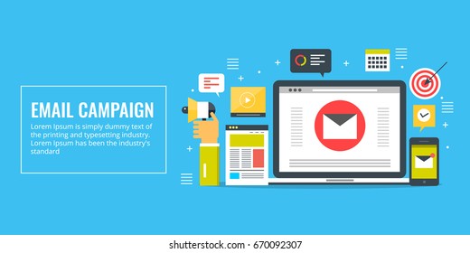 Email Campaign, Email Marketing Strategy, Business Technology Flat Vector Banner With Icons