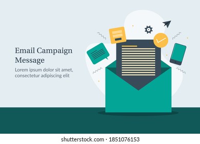 Email campaign, Email messages, Opening email envelope, subscriber network - flat design vector illustration with icons