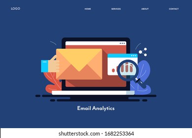 Email campaign monitoring, Email analytics, Delivering email, Open rate - conceptual vector landing page