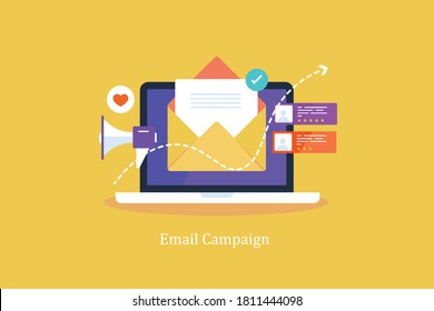 Email Campaign Strategy, Email Marketing Concept, Email Subscription - Flat Design Vector Banner With Icons On Isolated Background