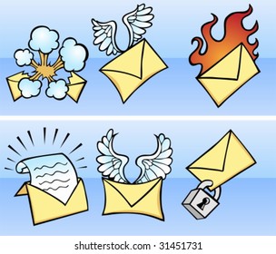Juego de iconos de la caricatura de correo electrónico: Conjunto de iconos de mensajes que representan diferentes opciones de correo electrónico.