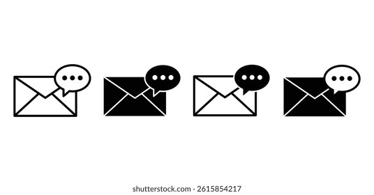 Email Chat Icon Set Black and White Envelope with Speech Bubble Notification Vector Design
