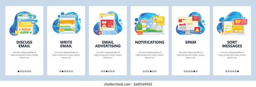 Email and chat mobile app. Phone notifications and advertisement. Spam, message sorting. App onboarding screens. Vector banner template for website and mobile development. Web site design illustration
