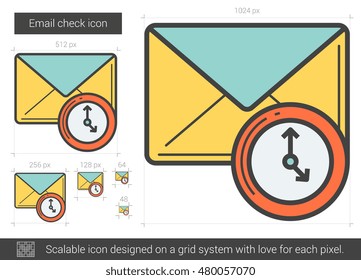 E-Mail-Prüfung, Vektorsymbol einzeln auf weißem Hintergrund. E-Mail-Checkline-Symbol für Infografik, Website oder App. Skalierbares Symbol, das auf einem Gittersystem entworfen wurde.