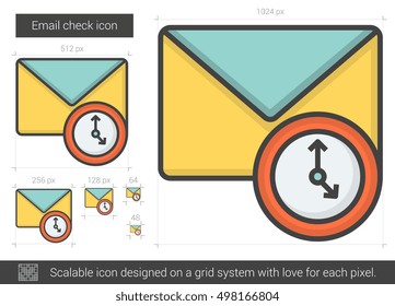 Ícone de linha vetorial de verificação de e-mail isolado no plano de fundo branco. Ícone de linha de verificação de email para infográfico, site ou aplicativo. Ícone escalável projetado em um sistema de grade.