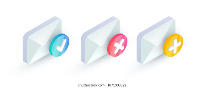 Email with checkmark isometric icon set. Cancel and Confirm email, unsubscribe, successful verification, add new message concept. 3d Mail sign with red cross x and yes checkmark. Social network vector