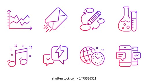 E-mail, Chemistry lab and Lightning bolt line icons set. Time management, Diagram chart and Keywords signs. Musical note, Smartphone sms symbols. Mail delivery, Laboratory. Education set. Vector