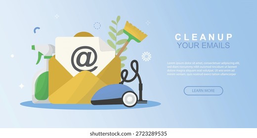 Conceito de limpeza de e-mail com ferramentas de limpeza, vácuo, garrafa de spray, vassoura e e-mail ideais para organização digital, produtividade ou conceitos técnicos. Dia da limpeza digital. Plano. Ilustração vetorial