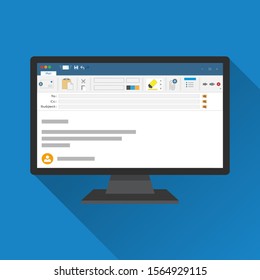 Email Client Software On Computer Screen Flat Icon. Business Concept. Office Things For Planning And Accounting, Analysis, Audit, Project Management, Marketing, Research Vector Illustration