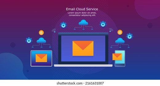 E-Mail-Cloud-Service, Cloud-E-Mail-Speicherung, Cloud-Kommunikation, E-Mail-Hosting-Cloud - Vektorgrafik mit Symbolen und Texten
