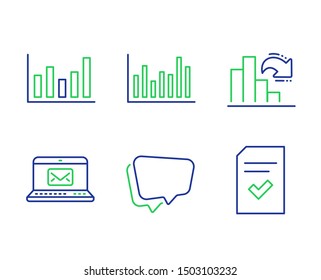 E-mail, Column chart and Speech bubble line icons set. Bar diagram, Decreasing graph and Checked file signs. New message, Financial graph, Chat message. Statistics infochart. Education set. Vector