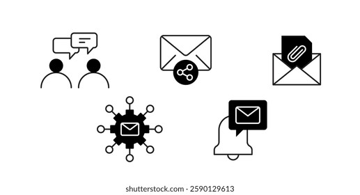 Email Communication and Digital Messaging. Icons: Notification Bell with Email, Network Connection, Email with Attachment, Email Sharing, Business Communication. Editable Stroke and Colors.