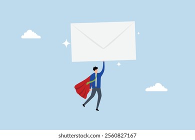 Email communication, entrepreneur superhero transporting large email envelope soaring to delivery location. 