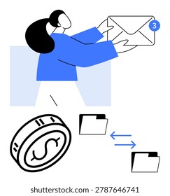 Email communication, financial transactions, data sharing, digital economy, online messaging, business operations. Woman holding an envelope, currency icon and file transfer symbols. Email